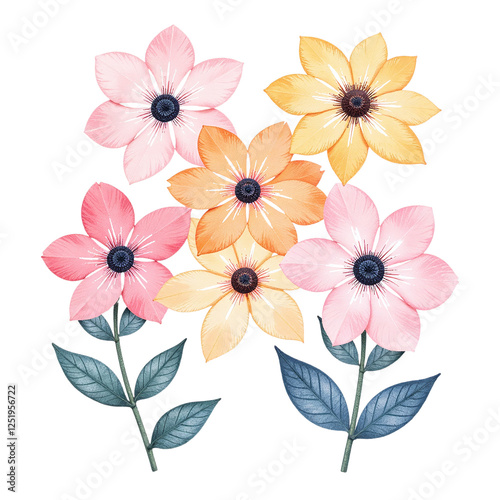 Image of pastel pink, yellow and orange flowers with green leaves on a cutout background.