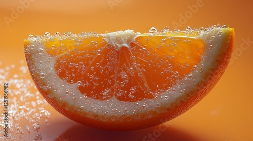 Slice of orange with a sprinkle of sugar on top. The orange is cut in half and the sugar is sprinkled on top of it photo