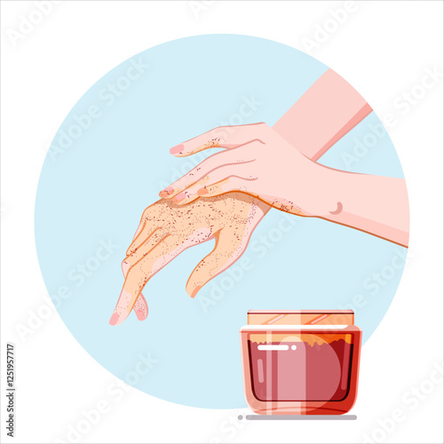 Hand scrub application procedure. Skincare product for beauty routine. Professional spa treatment icon for infographics, presentations, web design, poster, banner. Modern flat style. Vector colorful