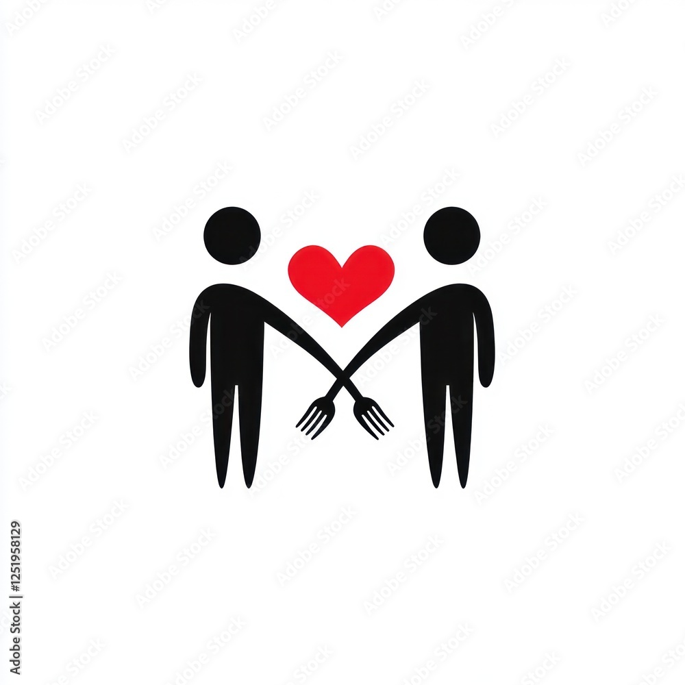 Two figures holding forks, a heart in between, symbolizing love and affection. Possible use LGBTQ+ support Two figures holding forks, a heart in between, symbolizing love and affection. Possible use LGBTQ+ support