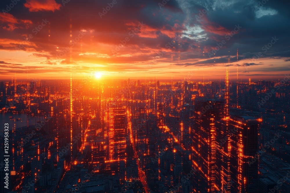 Fototapeta premium A futuristic cityscape at sunset with glowing digital elements.