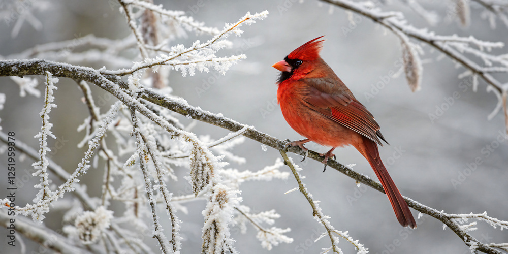 A red cardinal perched on a frost-covered tree branch, its vibrant feathers contrasting against the white snow