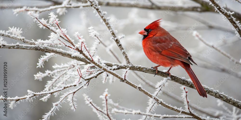 A red cardinal perched on a frost-covered tree branch, its vibrant feathers contrasting against the white snow A red cardinal perched on a frost-covered tree branch, its vibrant feathers contrasting against the white snow