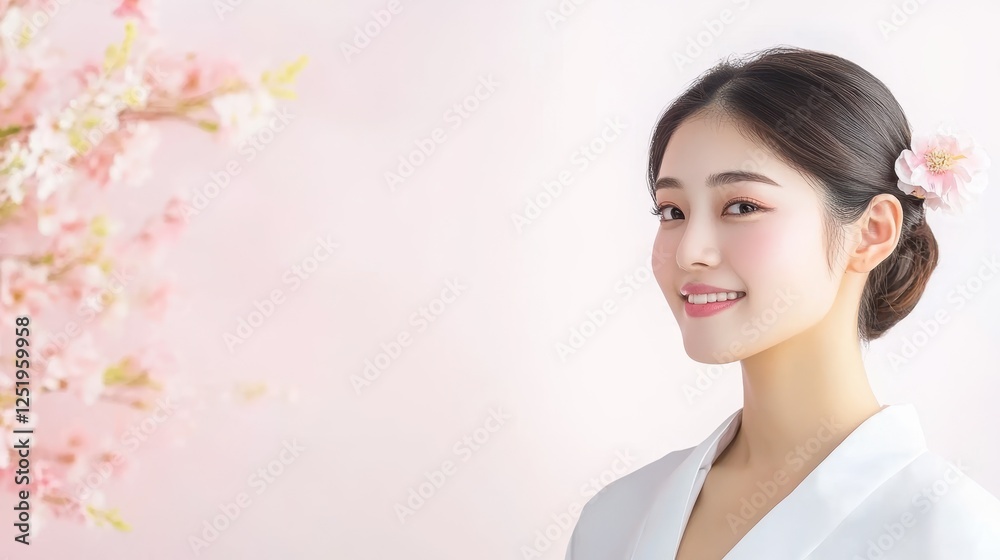 Serene Beauty in Blossom: A young woman with a gentle smile, adorned with a delicate pink flower in her hair, exudes tranquility against a backdrop of blossoming cherry branches.