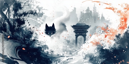 Mystical nine tailed fox in an asian landscape scene