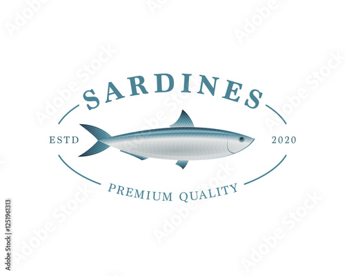 Sardines logo template, premium quality. Fish restaurant, market or store sign concept. Vintage style 