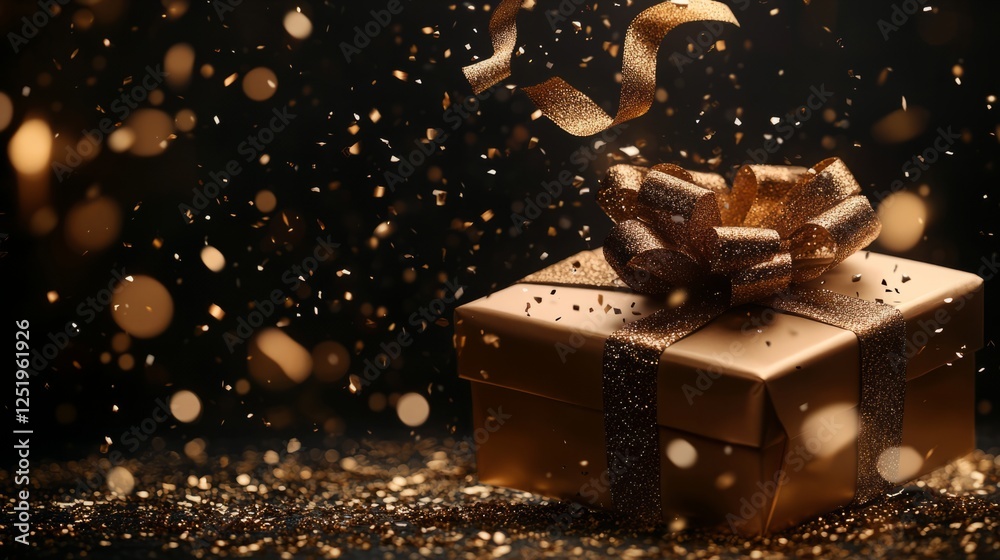 A flying open gift box with metallic gold ribbons swirling dynamically, highlighted by soft spotlighting on a dark background A flying open gift box with metallic gold ribbons swirling dynamically, highlighted by soft spotlighting on a dark background