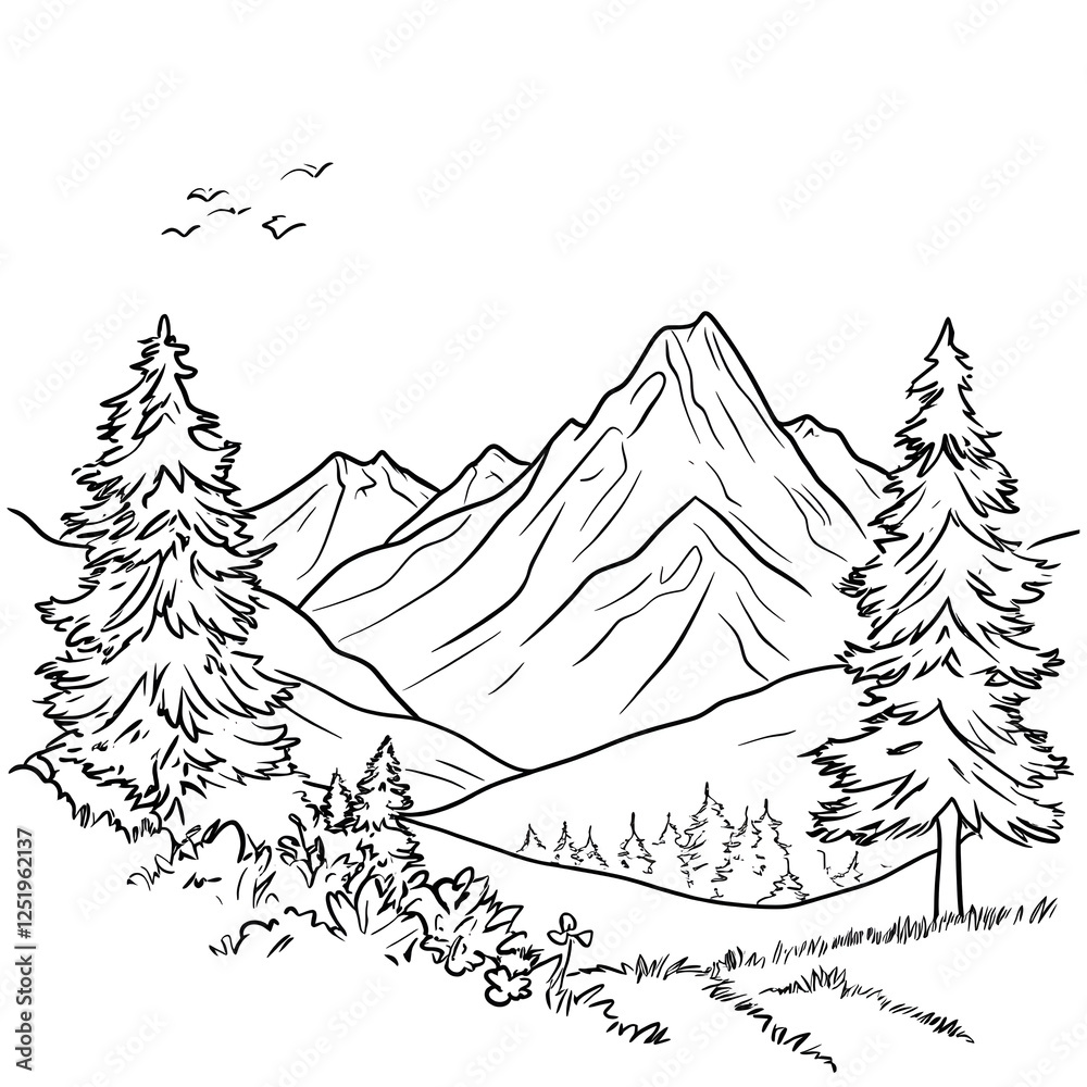 Fototapeta premium Minimalistic Mountain Scenery with Stylized Hills and Trees