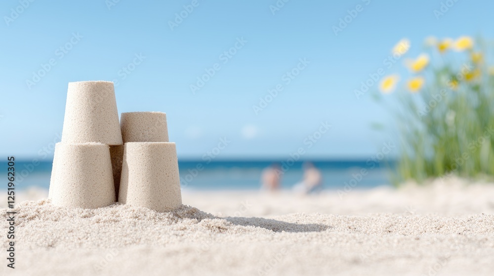 Sandcastle on beach, sunny day, people in background, kids play, scenic view, stock photo Sandcastle on beach, sunny day, people in background, kids play, scenic view, stock photo