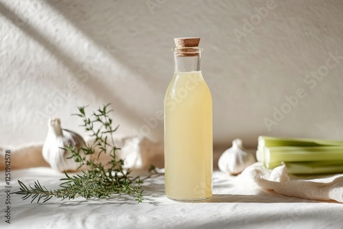 juice for immunity from thyme rosemary garlic and celery in a minimalist glass bottle