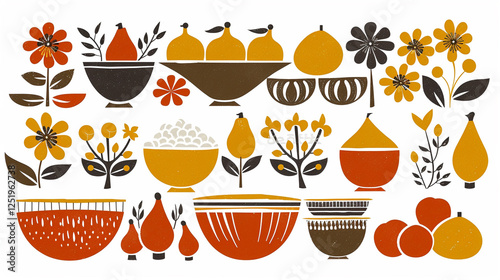 mid century modern abstract shapes and lines with flowers and fruit, colorful, simple