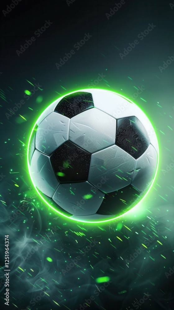 Fototapeta premium Glowing soccer ball with neon green light and dynamic particles