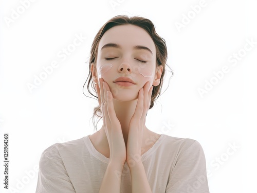 Young beautiful female with closed eyes applying face cream to cheekbones as part of morning routine isolated on white background