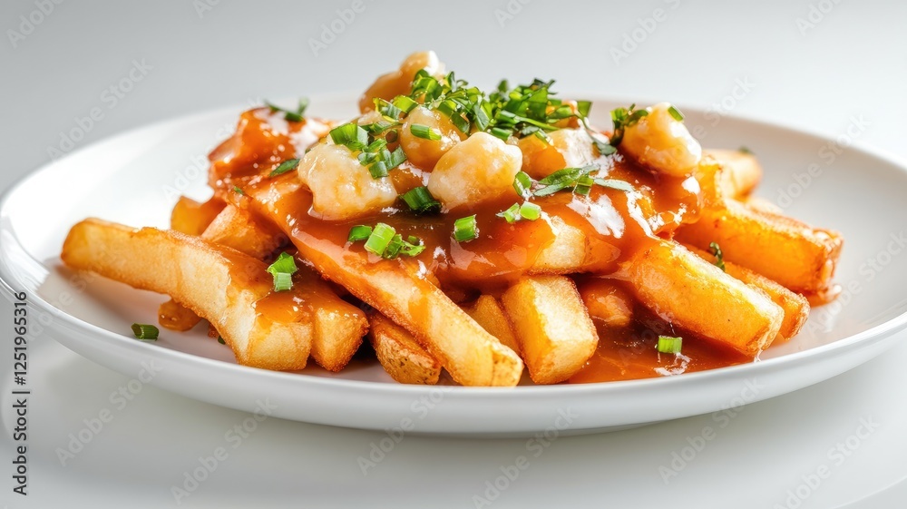 Plate of poutine topped with cheese curds and gravy Plate of poutine topped with cheese curds and gravy