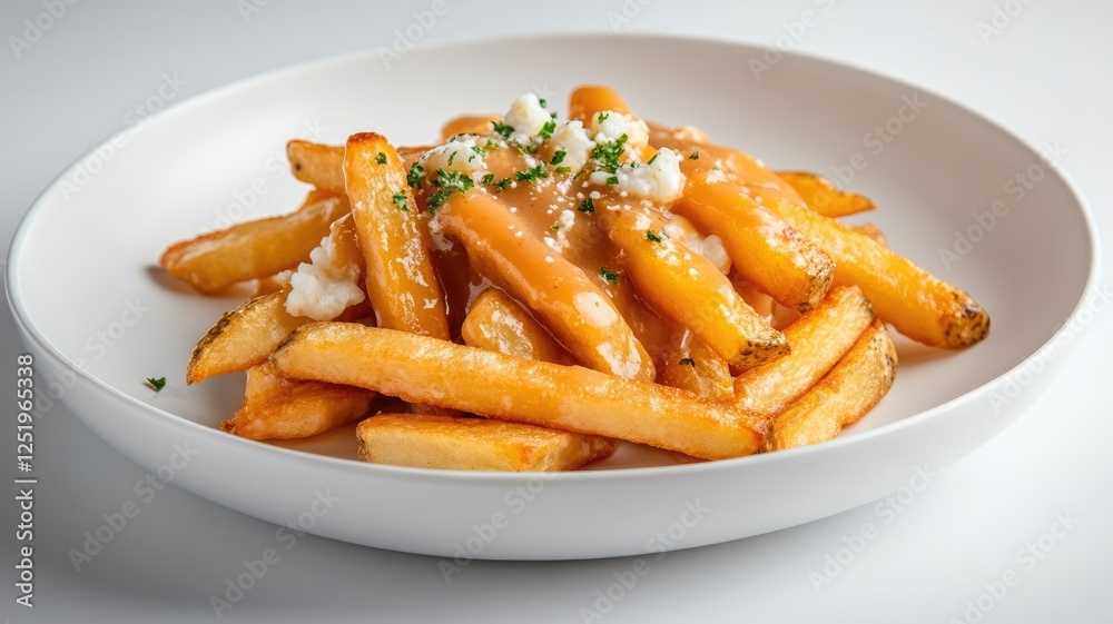 Plate of poutine with gravy and cheese curds Plate of poutine with gravy and cheese curds