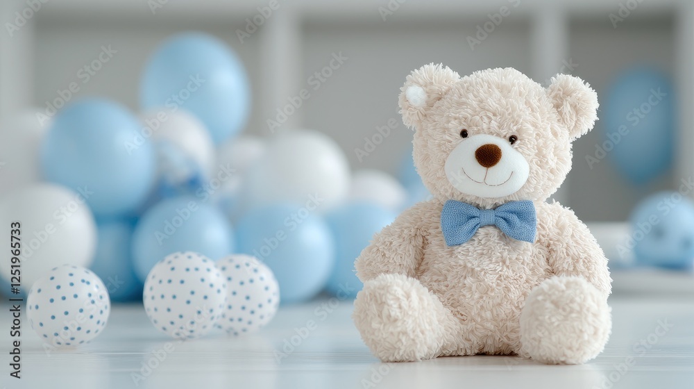 Fototapeta premium Teddy bear in a light blue room with balloons. Baby shower or birthday party. Possible use Stock photo for baby product websites, party decorations, or child-focused media