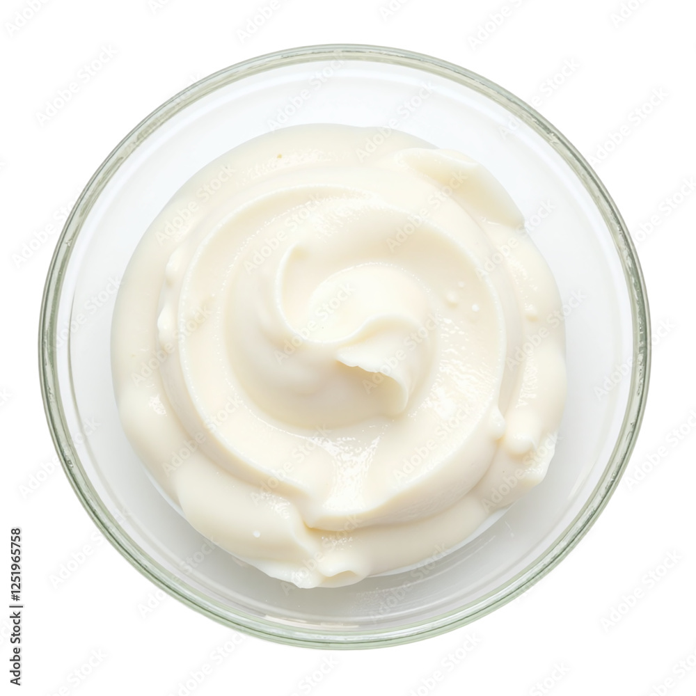 Overhead shot of a bowl of creamy white sauce or dip, with a smooth texture, against a cut out background. Overhead shot of a bowl of creamy white sauce or dip, with a smooth texture, against a cut out background.