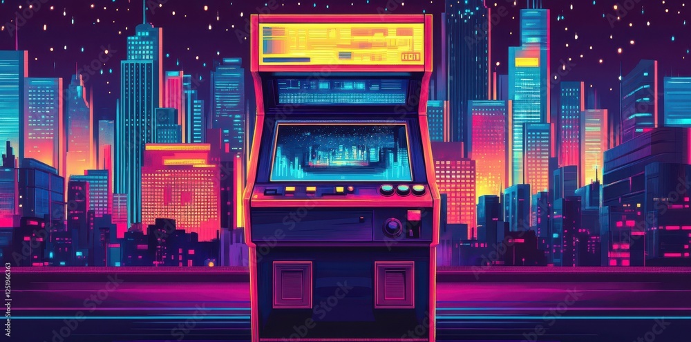 Fototapeta premium Arcade game cabinet stands before a vibrant neon city