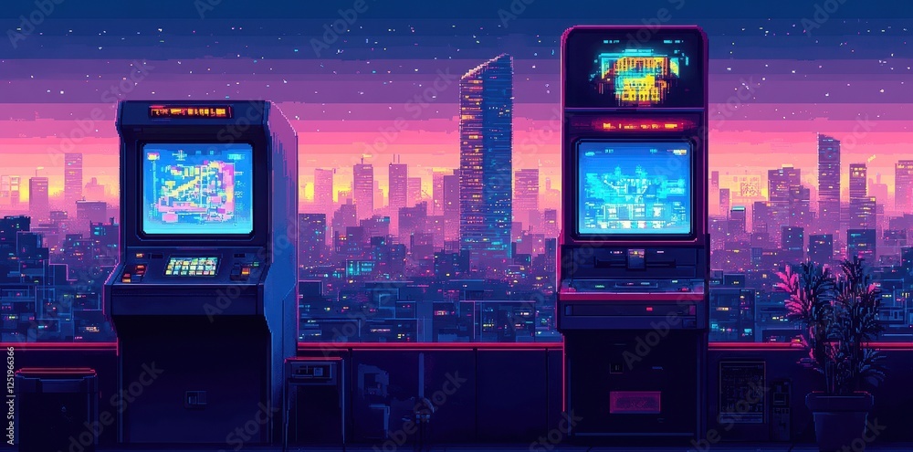 Fototapeta premium Two arcade cabinets stand before a vibrant pixelated cityscape