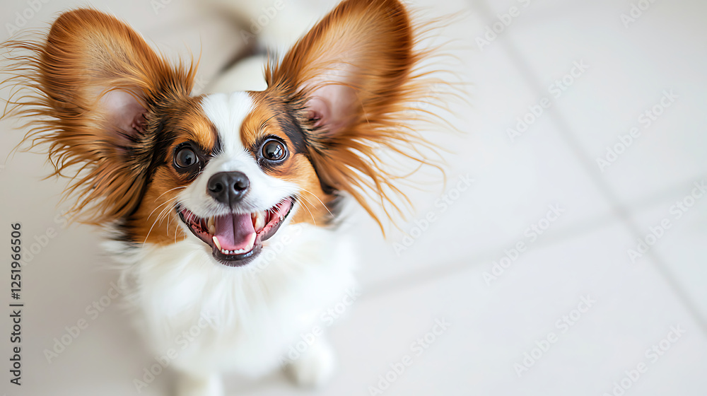 A dog with a big fluffy ear is smiling and looking at the camera. generated using AI