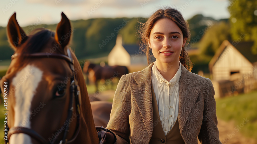 Young Woman Leads a Horse Through a Stunning Countryside Estate With Stables and Hills in the Background