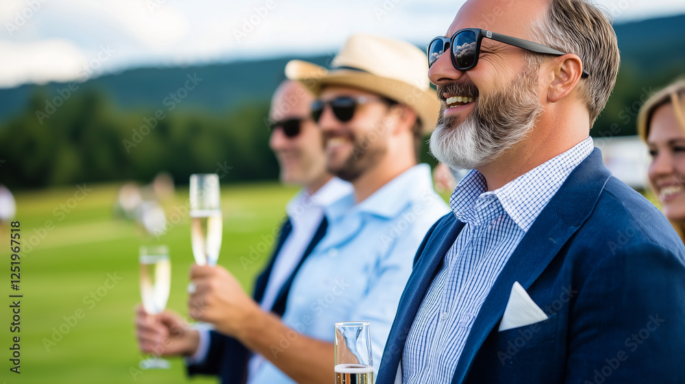 People Enjoy a Polo Match in Smart Casual Attire With Champagne Flutes at a Summer Event