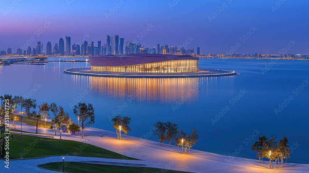 Naklejka premium Doha waterfront building twilight city skyline