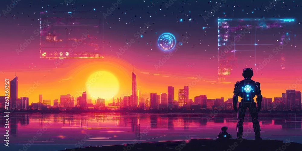 Fototapeta premium Futuristic cityscape at sunset with robot and data projections
