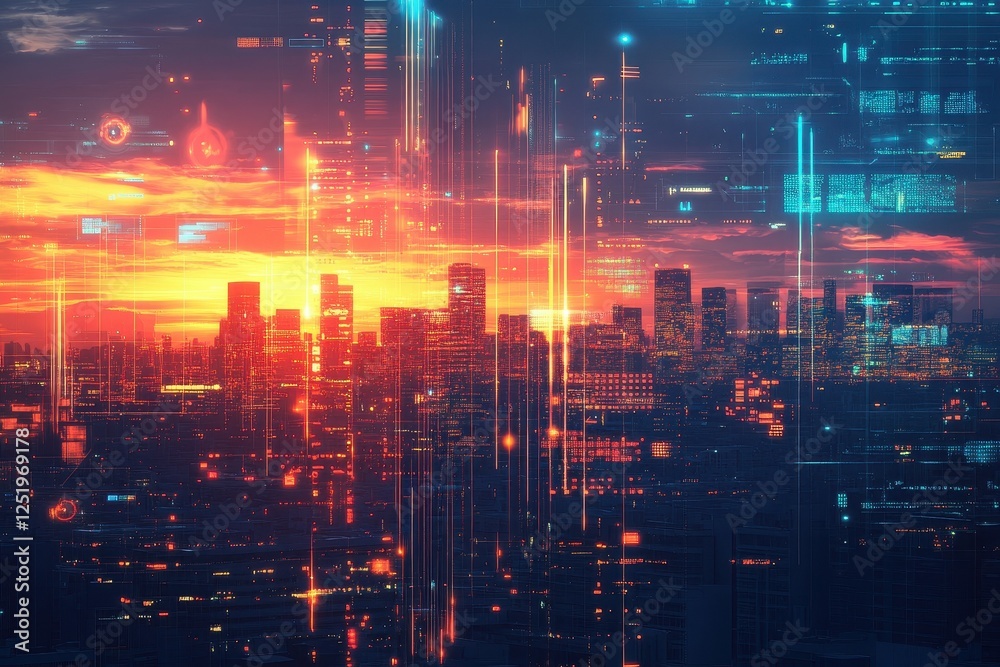 Obraz premium Futuristic cityscape with vibrant digital overlays and sunset hues