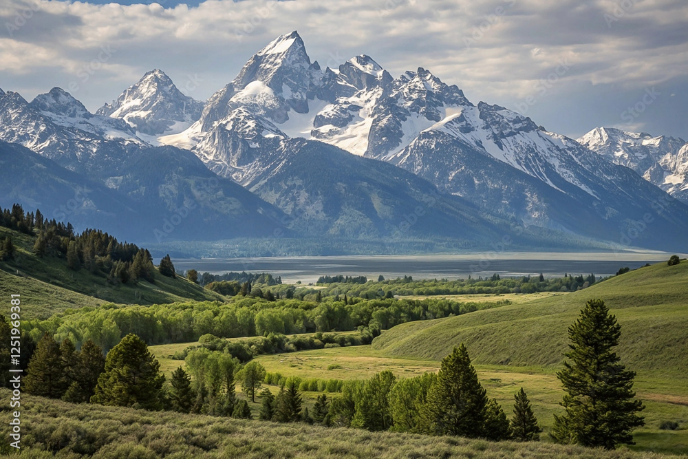 Majestic snow-capped mountains, valley, lake, greenery, sunny day; nature landscape Majestic snow-capped mountains, valley, lake, greenery, sunny day; nature landscape
