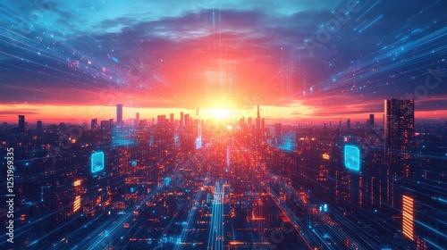 Wallpaper Mural Futuristic cityscape illuminated by data streams at sunset Torontodigital.ca