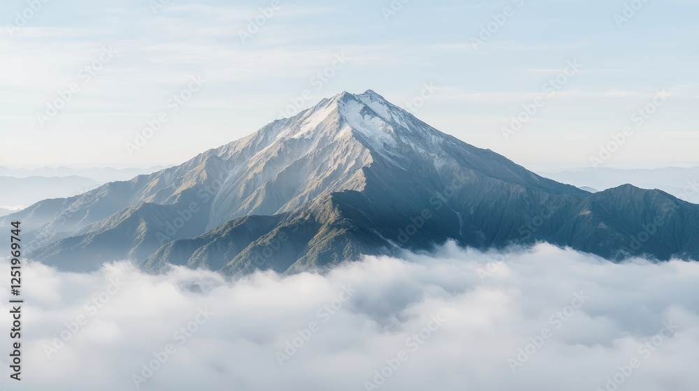 Snowy mountain peak above clouds, scenic vista, travel poster Snowy mountain peak above clouds, scenic vista, travel poster