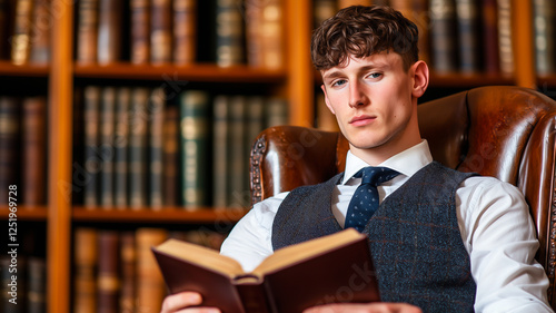 Young Man in Tailored Attire Deeply Engaged in Reading a Leather-Bound Book in a Library With Antique Shelves