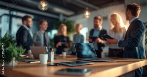 Team discussion: Focused professionals in an office collaborating around a conference table, enhanced by natural light and modern technology.