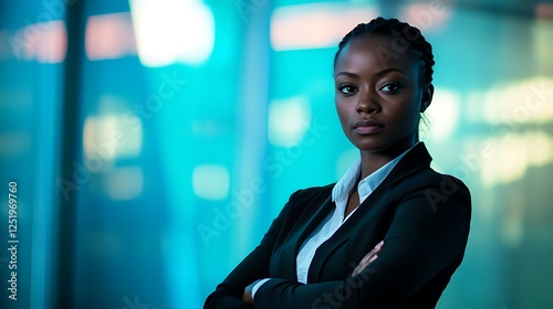 Self-confident African female business woman, looking at the camera, posing in a modern Office space. Professional Portrait for Recruiting, Manager and Management, Lawyer or Consultant concepts photo