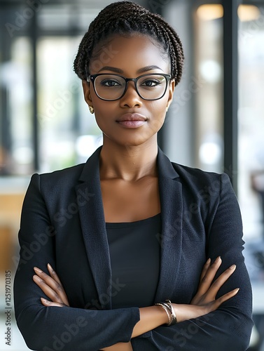 Self-confident African female business woman, looking at the camera, posing in a modern Office space. Professional Portrait for Recruiting, Manager and Management, Lawyer or Consultant concepts photo