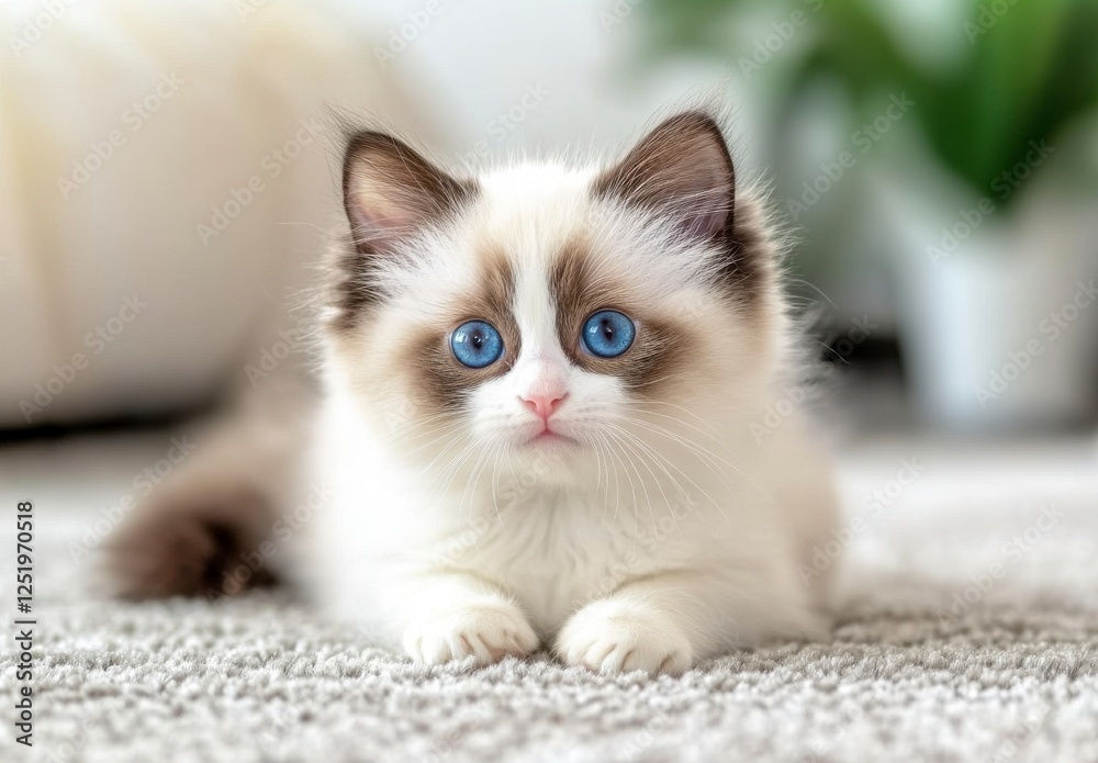 Obraz premium Adorable Ragdoll Kitten Lying On Beige Carpet