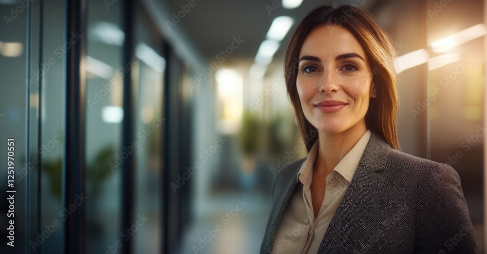 Professional businesswoman smiles confidently in a modern office environment, radiating success and competence in her corporate attire. Professional businesswoman smiles confidently in a modern office environment, radiating success and competence in her corporate attire.