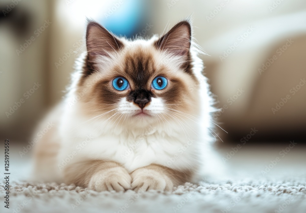 Fototapeta premium Adorable Ragdoll Kitten Lying On Carpet