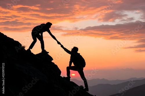 Silhouette Of Hikers Assisting On Mountain At Sunset And Helping Each Other Up