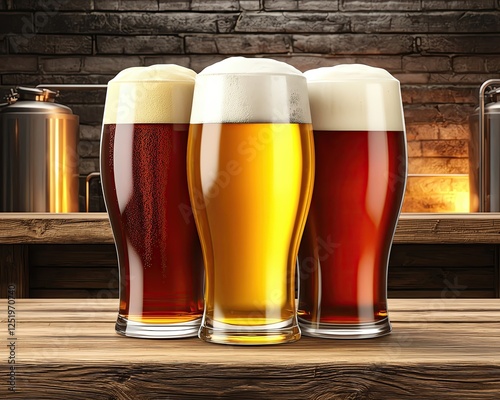 Culture of Craft Beer Brewing Traditional Beer Steins by Artisanal Craft Beer Brewing Process as Three distinct beer glasses on a wooden table.