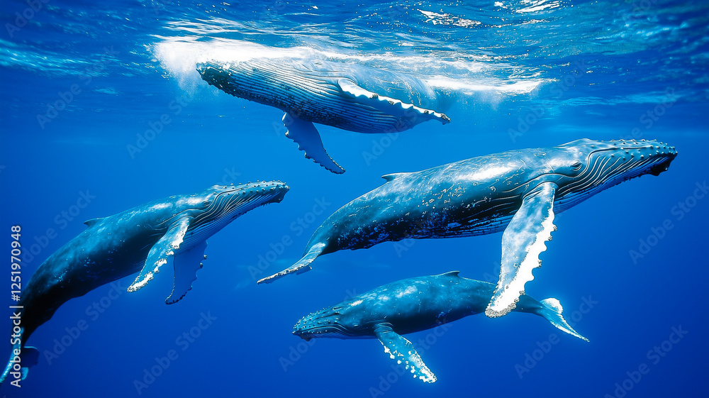 Pod of Humpback Whales Swimming Gracefully Through the Open Ocean With One Breaching in the Distance Under a Clear Sky