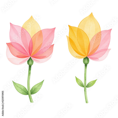 Two watercolor flowers, one pink and one yellow, on a cut out background.