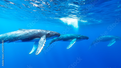 Obraz na płótnie Humpback Whales Swim Gracefully in Formation With One Breaching in the Distance Under Clear Blue Ocean Water w salonie