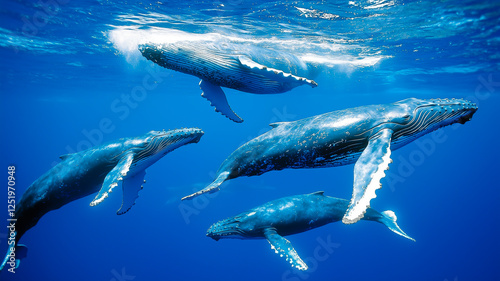 Obraz na płótnie Pod of Humpback Whales Swimming Gracefully Through the Open Ocean With One Breaching in the Distance Under a Clear Sky w salonie