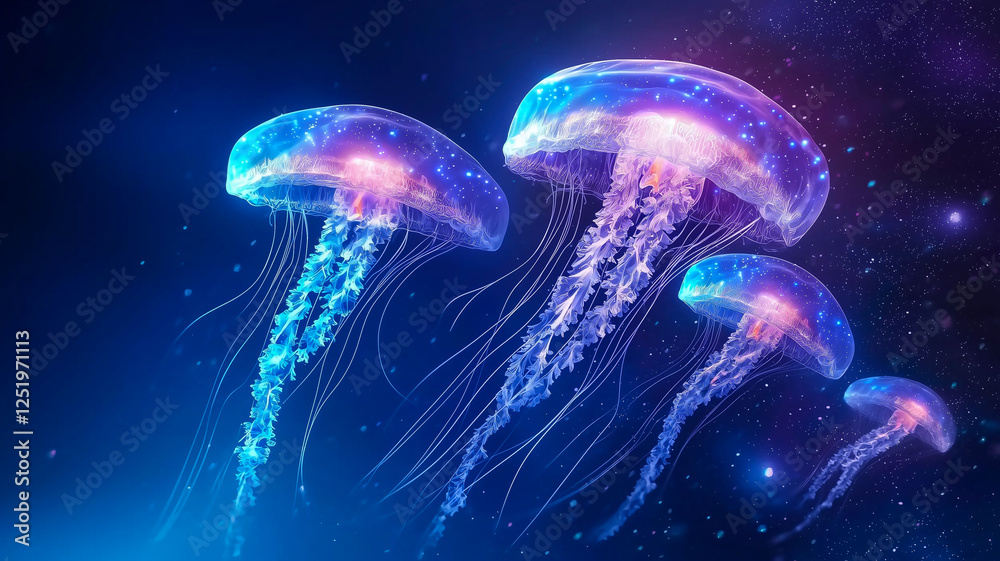 Translucent Jellyfish Float Gracefully in the Dark Ocean, Glowing With Bioluminescent Blue and Purple Hues