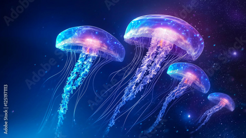 Obraz na płótnie Translucent Jellyfish Float Gracefully in the Dark Ocean, Glowing With Bioluminescent Blue and Purple Hues w salonie