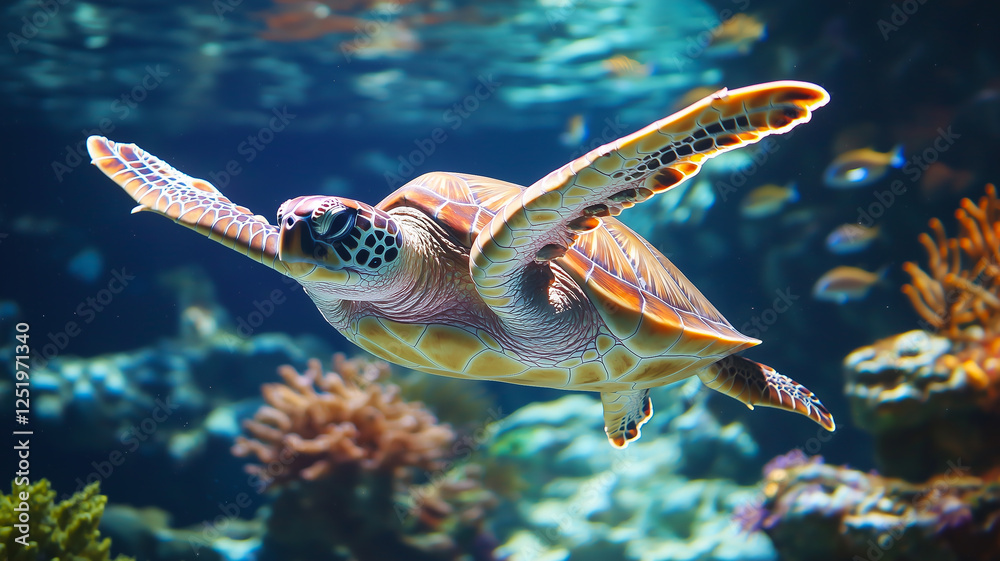 Green Sea Turtle Swims Gracefully Near Vibrant Coral Reef Surrounded by Small Fish and Sea Anemones in a Clear Ocean