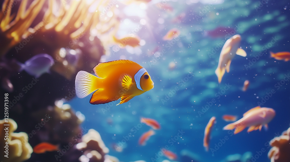 Colorful Coral Reef Vibrant With Life and Dynamic Schools of Fish Shimmering in Sunlight