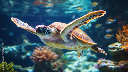 Obraz na płótnie Green Sea Turtle Swims Gracefully Near Vibrant Coral Reef Surrounded by Small Fish and Sea Anemones in a Clear Ocean w salonie